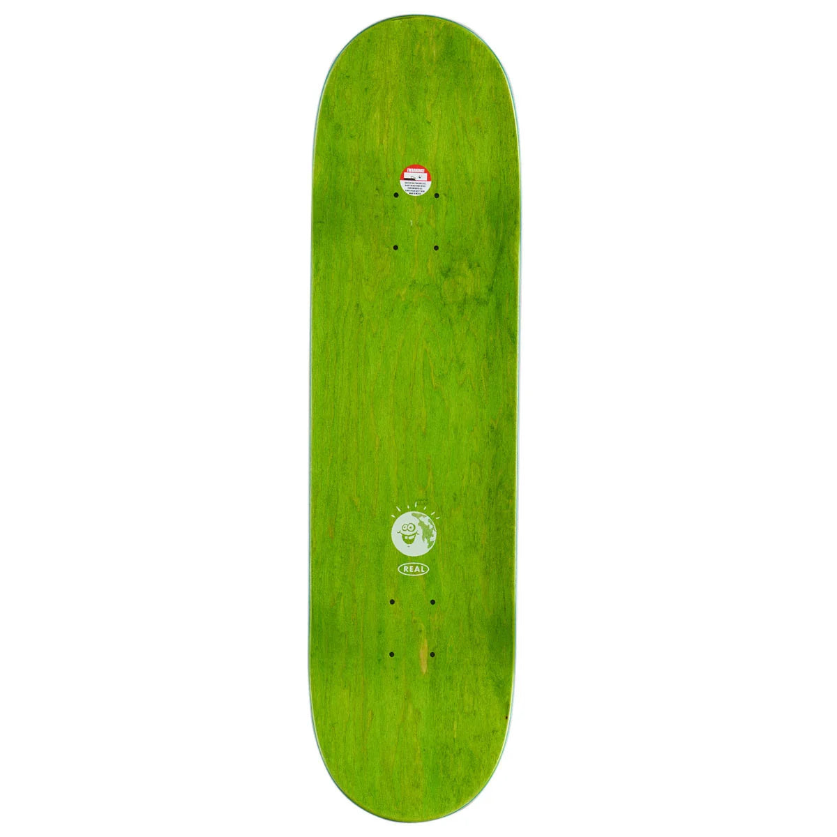 A bright green skateboard deck shown vertically against a plain white background, featuring a circular white graphic near the bottom and a small sticker near the top.