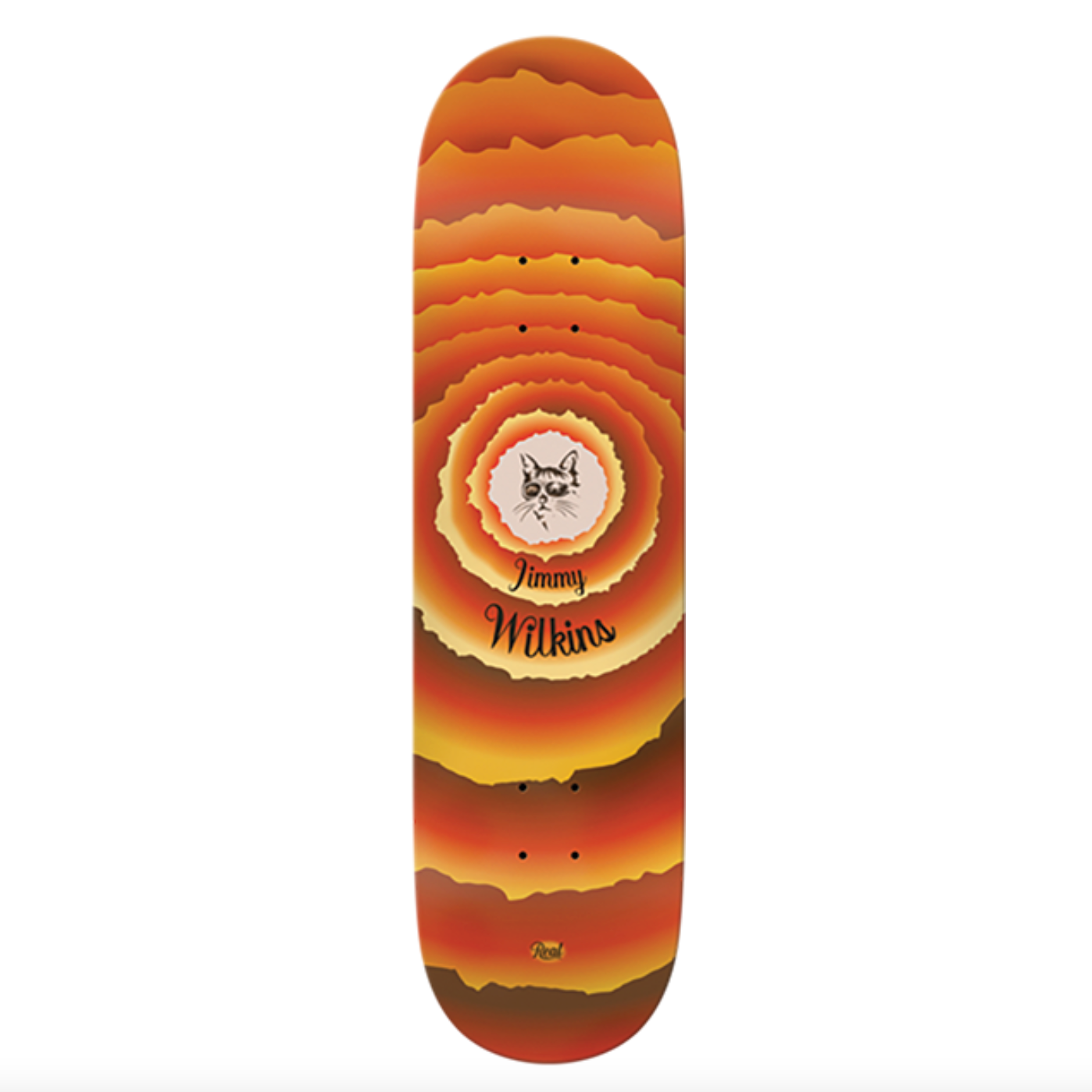 Skateboard deck with a colorful spiral design and 'Jimmy Wilkins' branding on a white background.