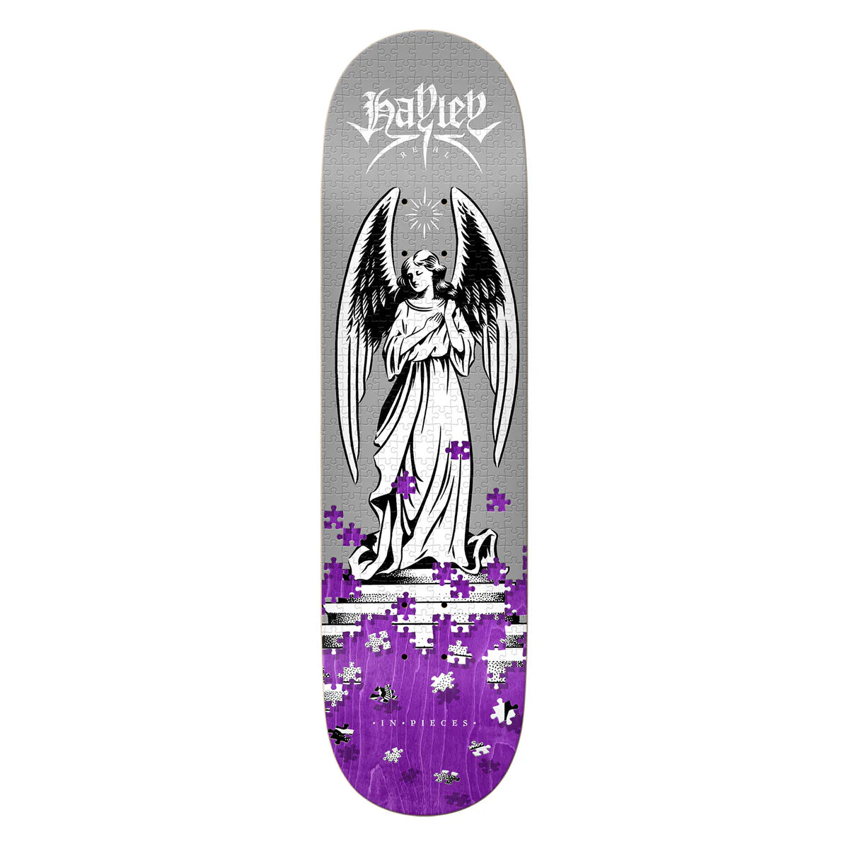 Skateboard deck with angel design and purple elements on a white background
