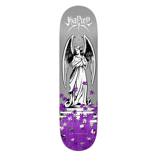 Skateboard deck with angel design and purple elements on a white background