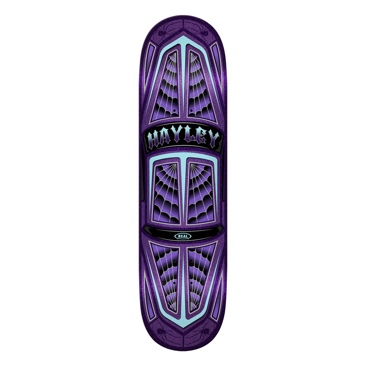 Purple and black skateboard deck with 'Hayley' branding on a white background