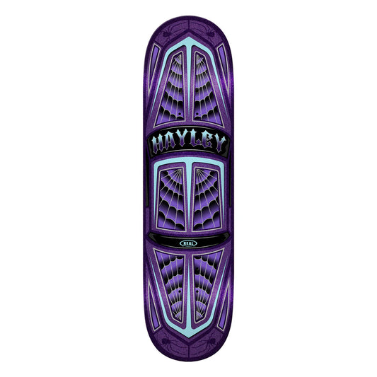 Purple and black skateboard deck with 'Hayley' branding on a white background