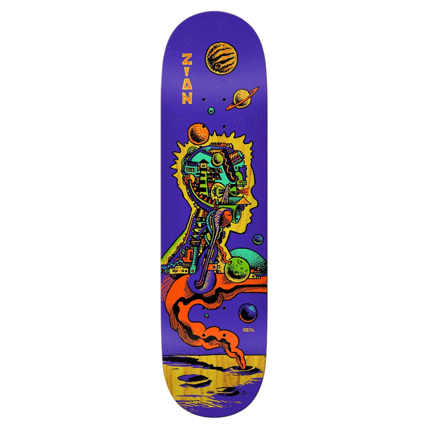 Colorful skateboard deck with space-themed design on a white background