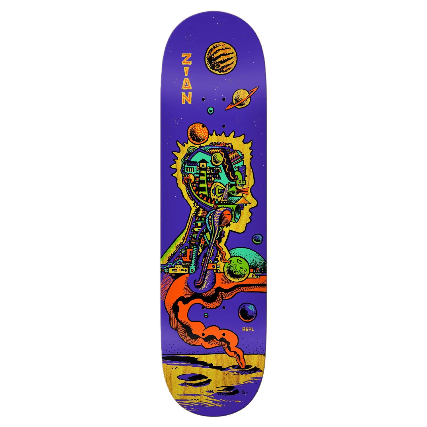 Colorful skateboard deck with space-themed design on a white background
