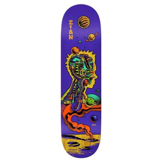 Colorful skateboard deck with space-themed design on a white background