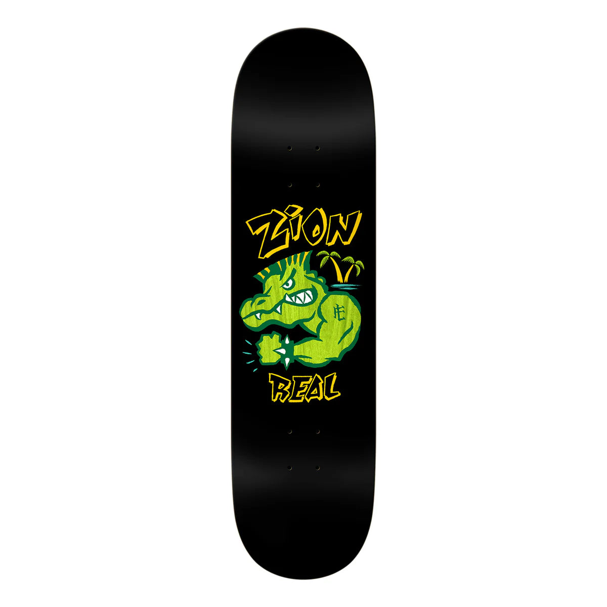 Skateboard deck with a green dragon graphic and 'Zion Real' text on a black background