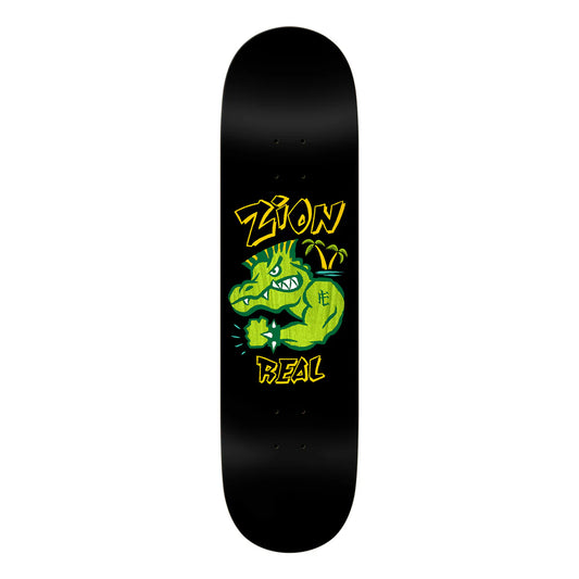 Skateboard deck with a green dragon graphic and 'Zion Real' text on a black background