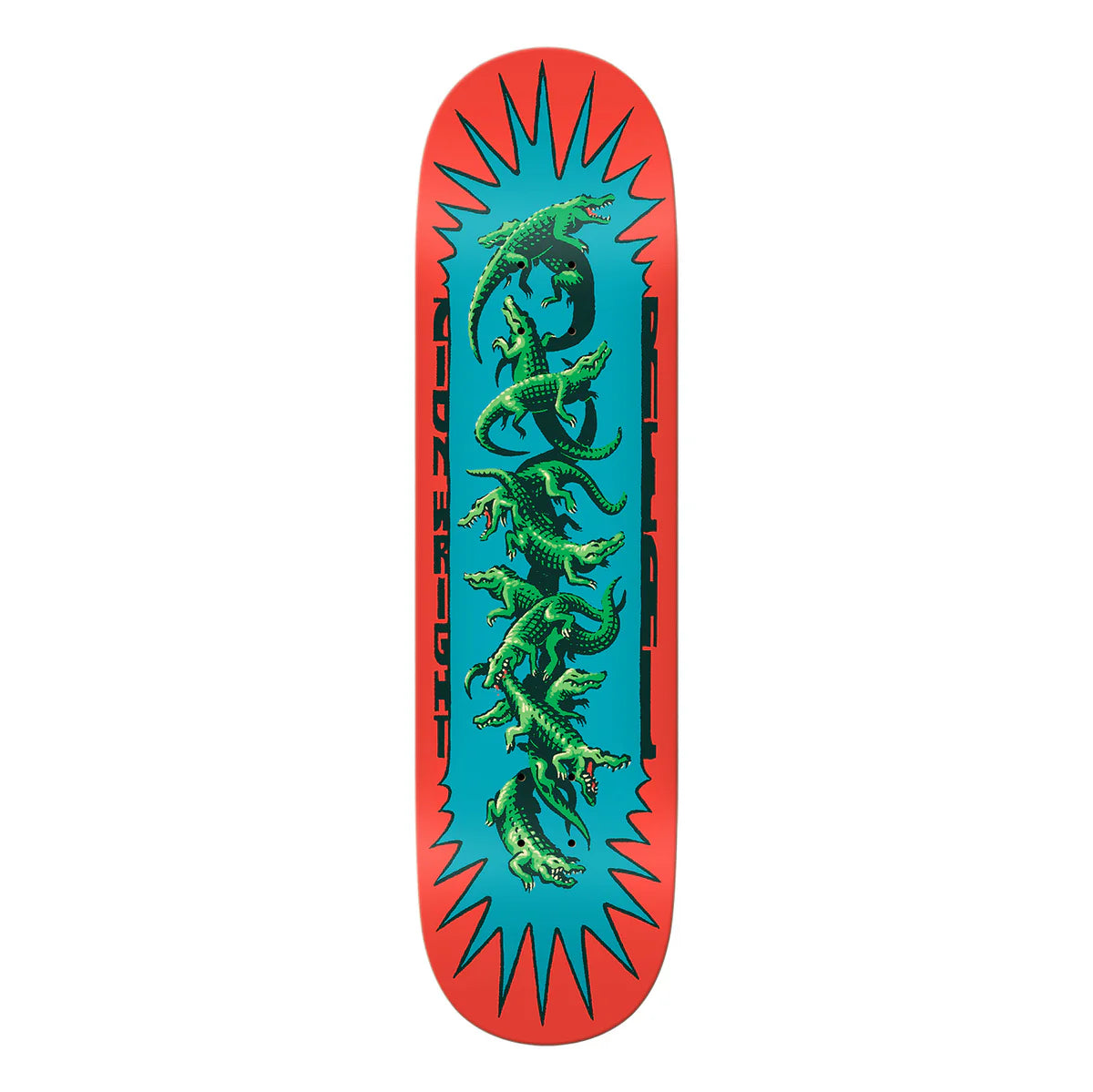 Skateboard deck with green lizard design on a blue and red background