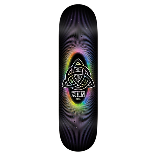 Skateboard deck with a colorful spiral design and 'Zion' on a white background