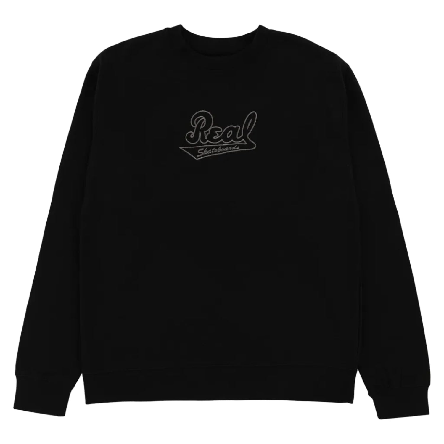 Black sweatshirt with 'Real' logo on a white background