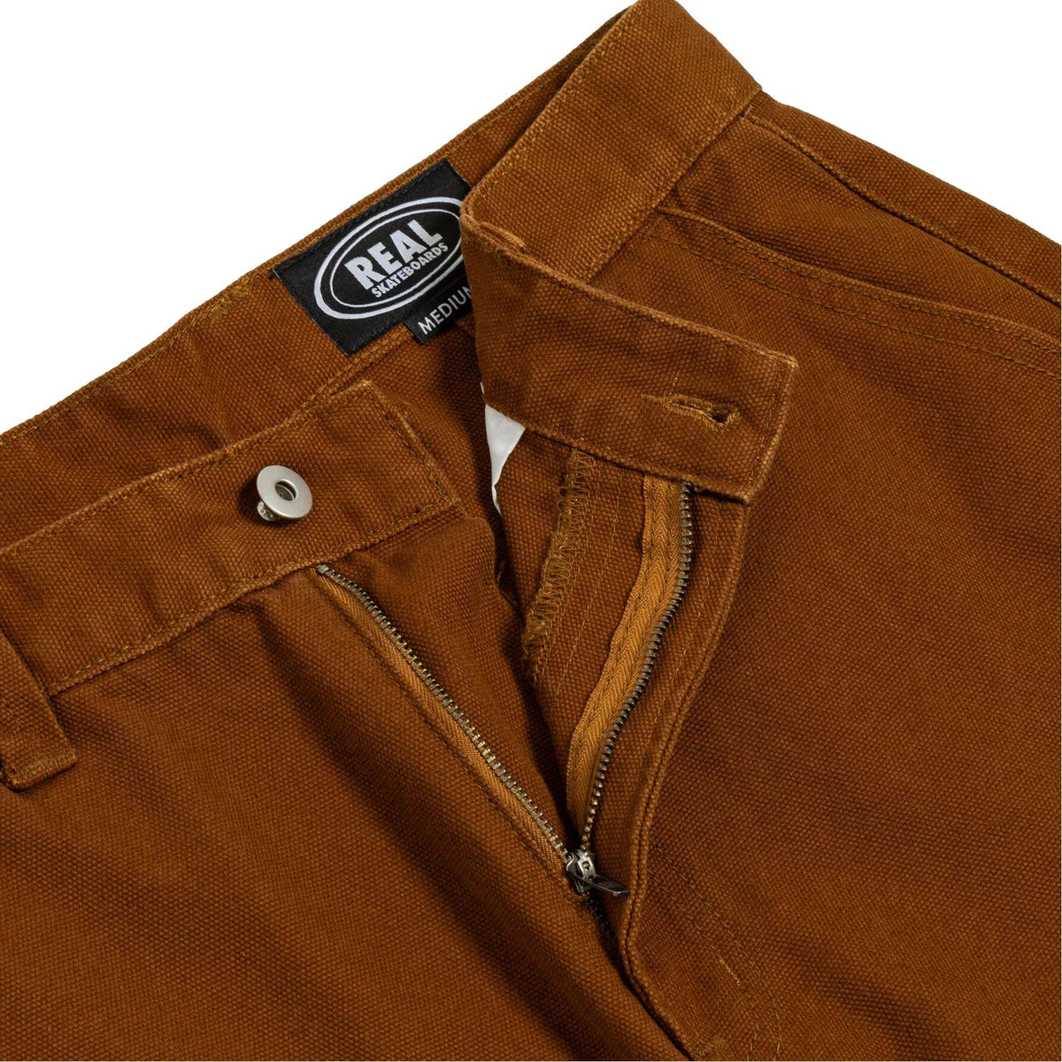 Brown pants with a visible brand label on a white background