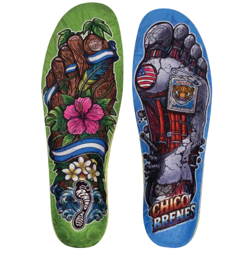 Colorful insole with artistic designs and 'Chico Brenes' branding on a white background