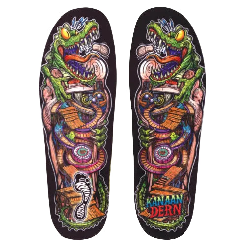 Colorful skateboard deck with a dragon design and 'Kanaan Dern' branding on a black background.