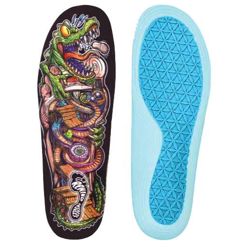 Colorful snake design on a black insole with a blue sole