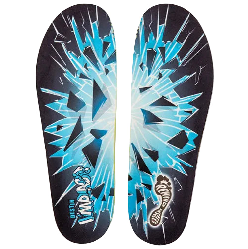 Pair of flip-flops with blue abstract design on a black background