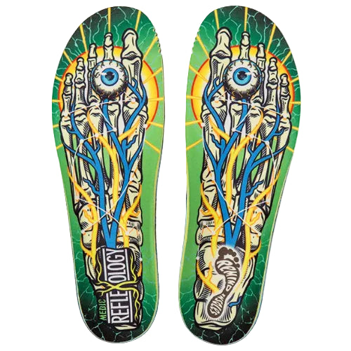 Skateboard deck with skeleton hand and eye design on a green background