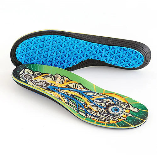 Colorful shoe insole with a blue sole on a white background