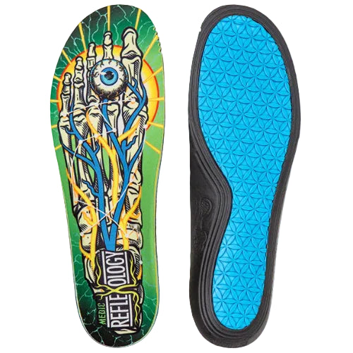 Skateboard insole with colorful design and blue sole on a white background