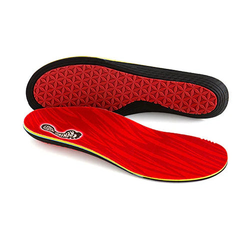 Red and black shoe insole on a white background