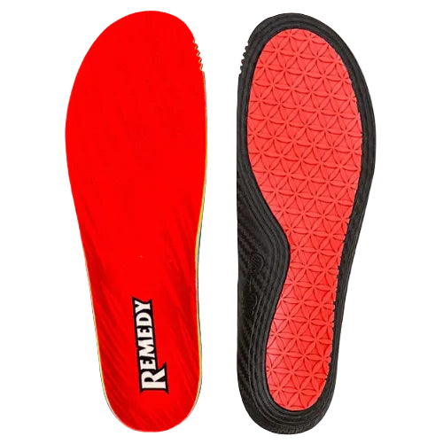 Red insole with 'Remedy' branding on a white background
