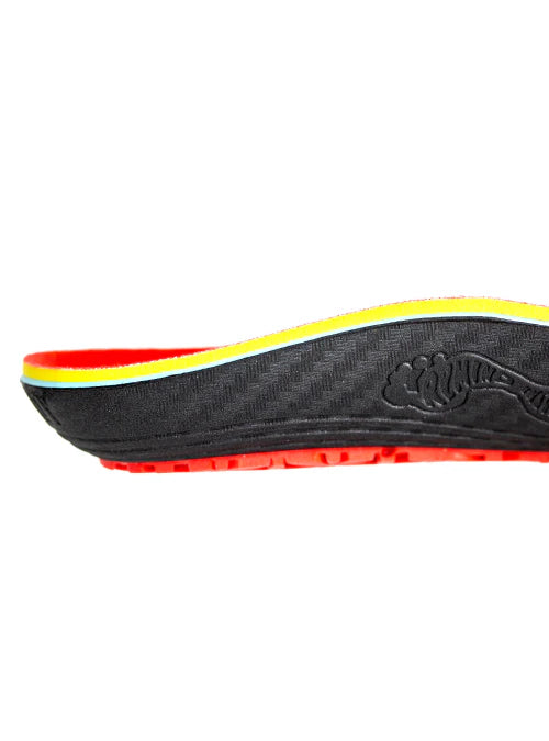 Black shoe insole with red and yellow accents on a white background