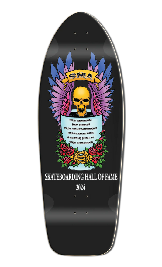Skateboard deck with skull design and text on a black background