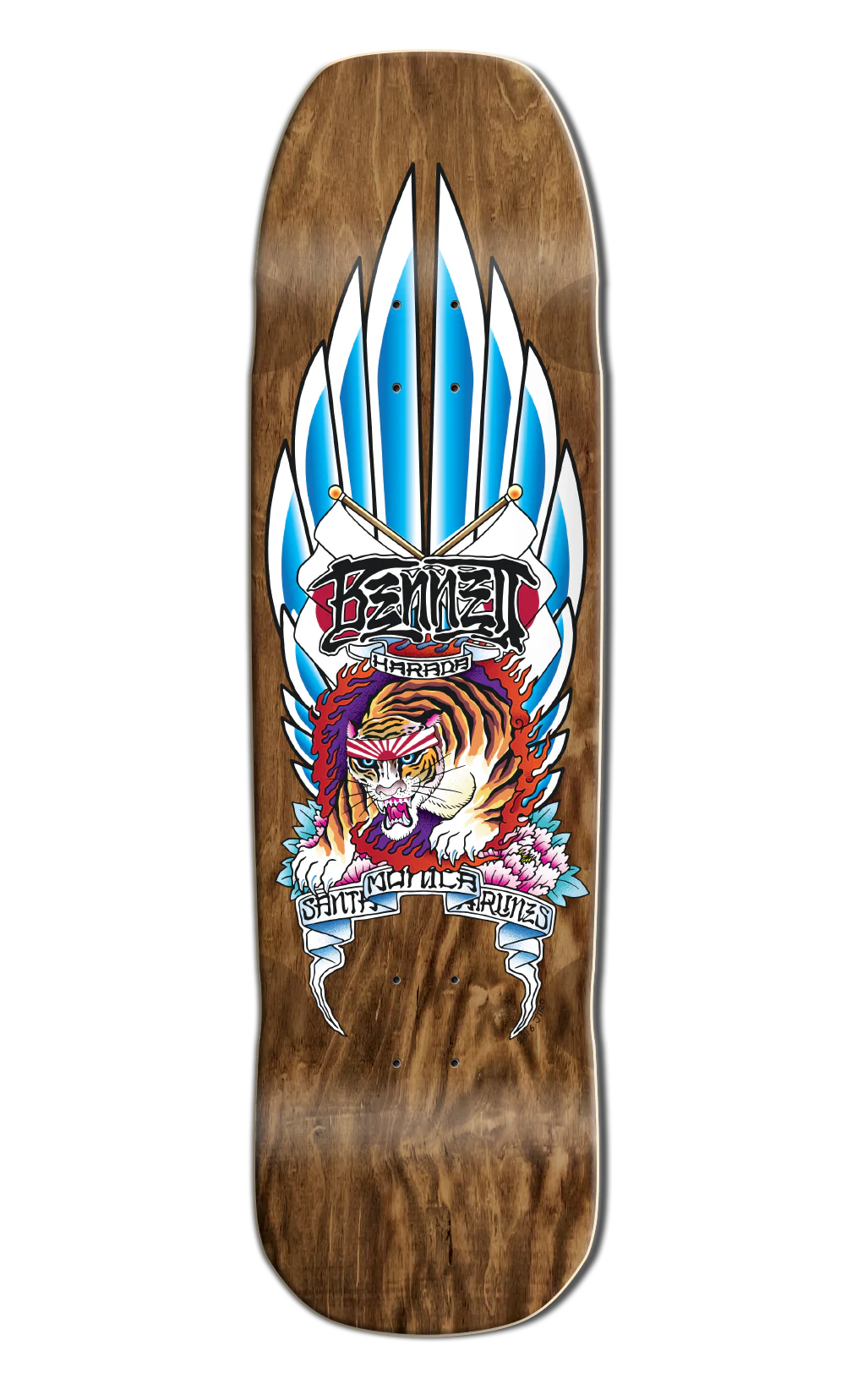 Wooden skateboard deck with colorful graphic design on a white background