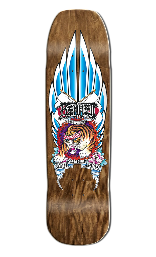 Wooden skateboard deck with colorful graphic design on a white background