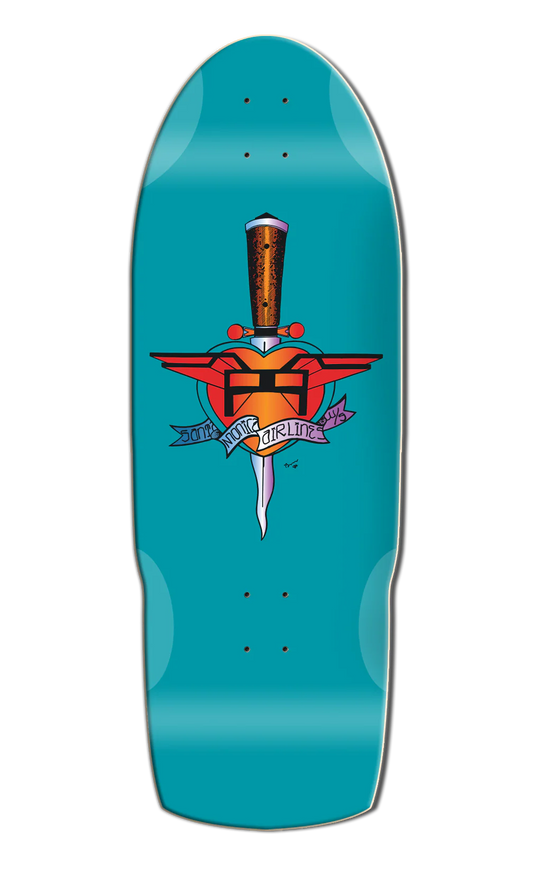 Teal skateboard deck with a colorful graphic design on a white background