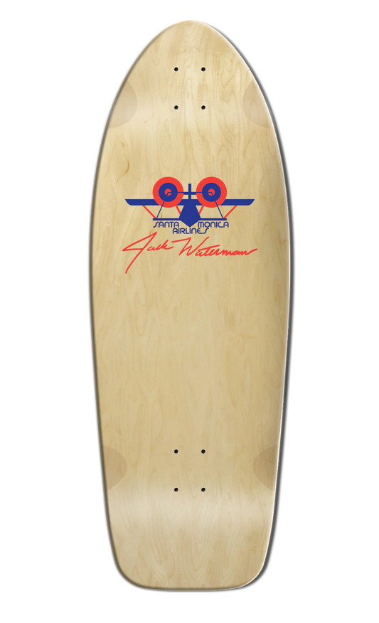 Wooden skateboard deck with a logo and text on a white background