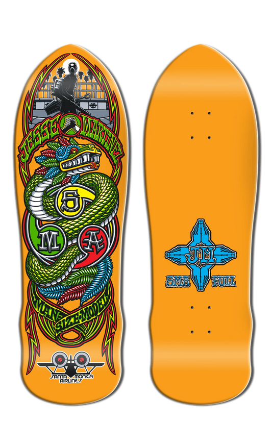Skateboard deck with colorful snake design and brand logo on orange background
