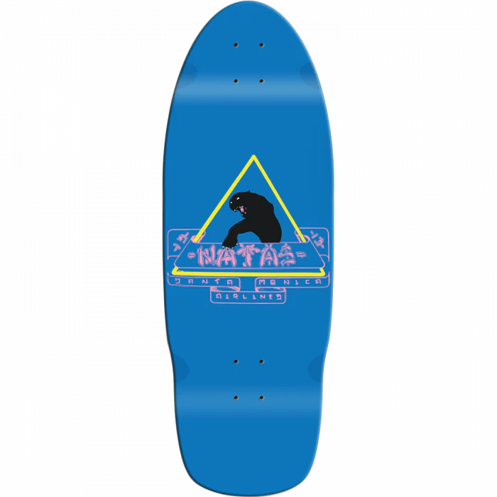 Blue skateboard deck with a logo on a white background