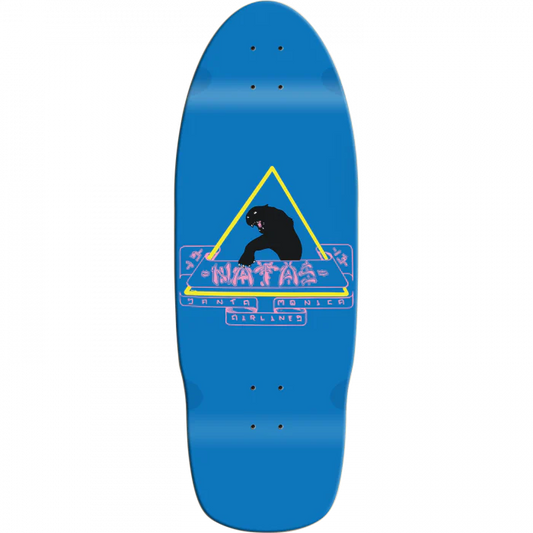 Blue skateboard deck with a logo on a white background