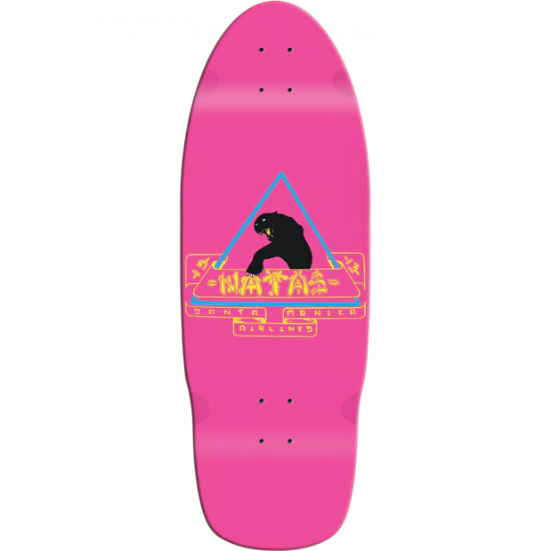 Pink skateboard deck with a logo on a white background
