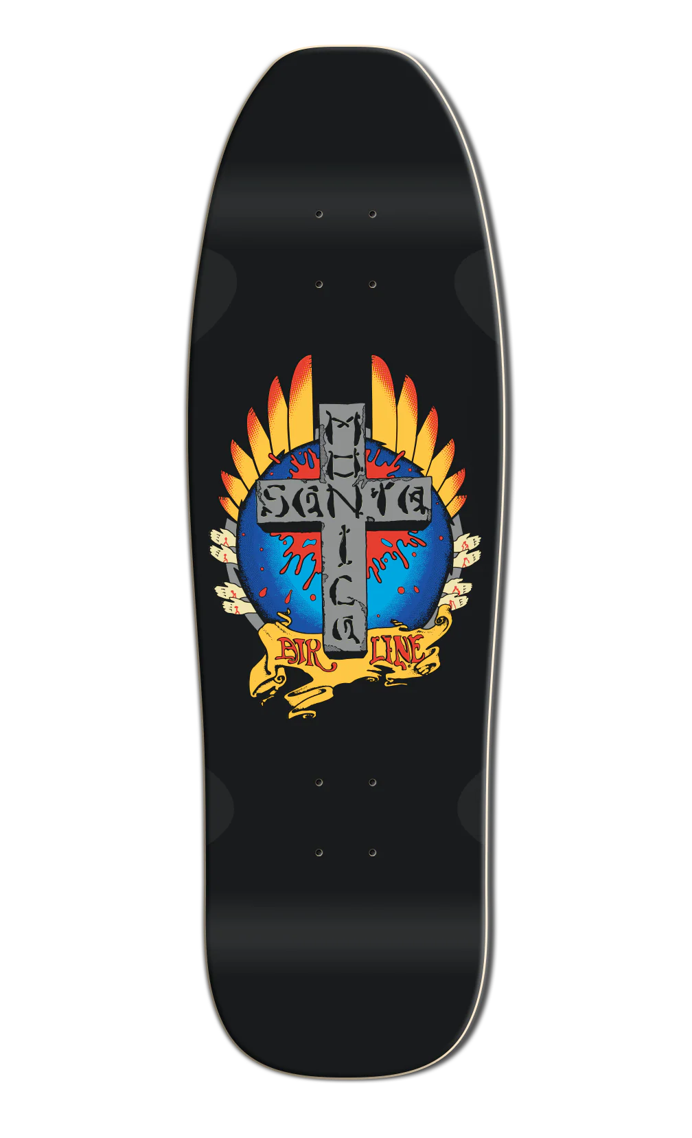 Black skateboard deck with colorful graphic design on a white background