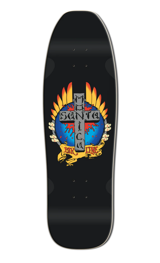 Black skateboard deck with colorful graphic design on a white background