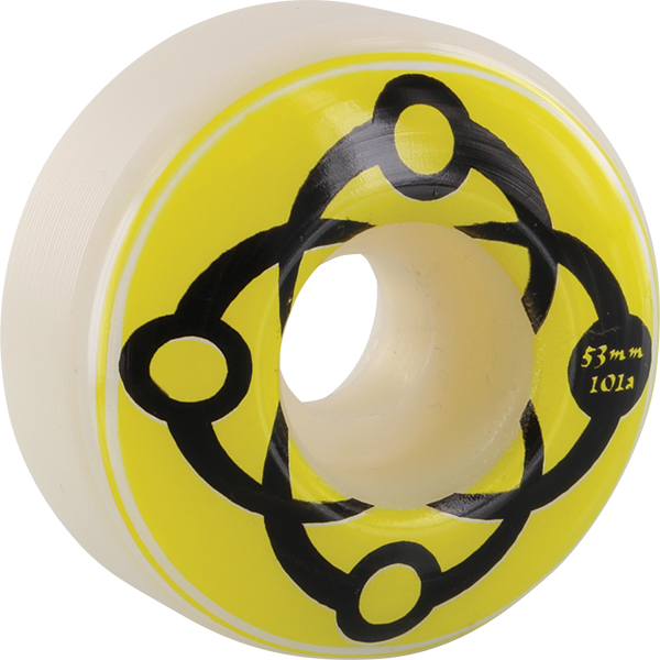 Skateboard wheel with yellow rim and black decorative pattern on a white background