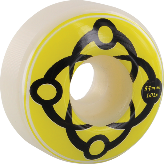 Skateboard wheel with yellow rim and black decorative pattern on a white background
