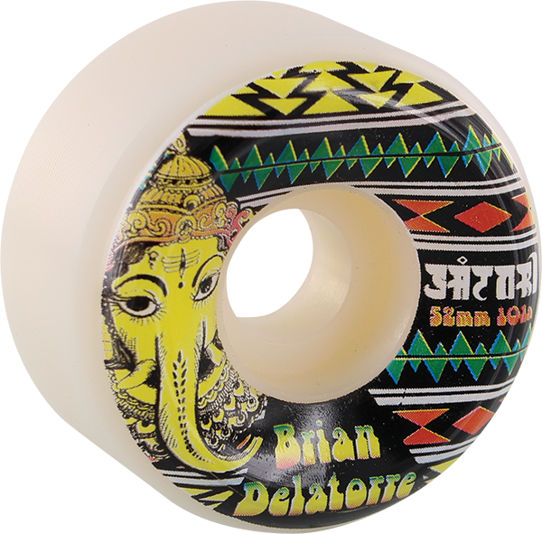 Skateboard wheel with elephant design and colorful patterns on a white background