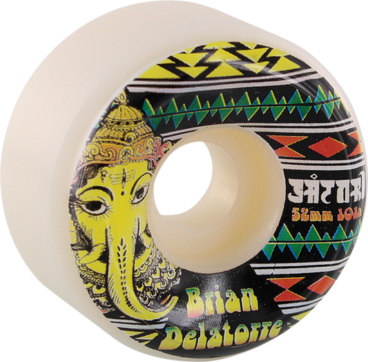 Skateboard wheel with elephant design and colorful patterns on a white background