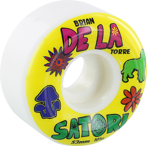 Skateboard wheel with colorful graphics and text on a yellow background