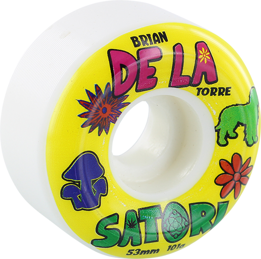 Skateboard wheel with colorful graphics and text on a yellow background