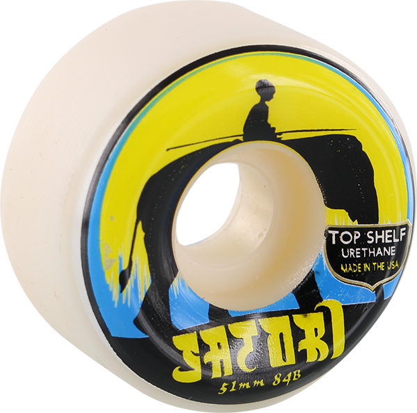 Skateboard wheel with 'satori' branding and top shelf urethane label on a white background