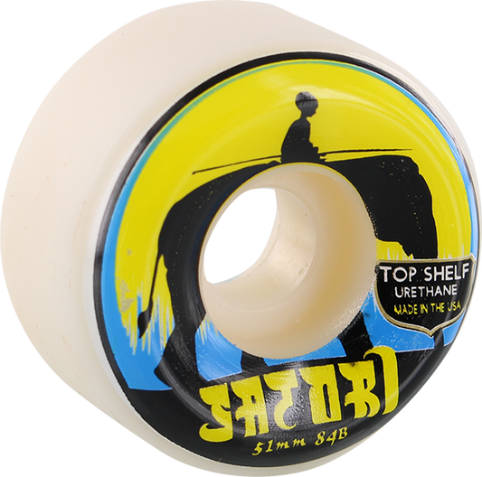 Skateboard wheel with 'satori' branding and top shelf urethane label on a white background