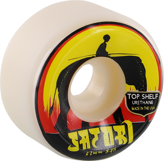 Skateboard wheel with colorful design and text on a white background