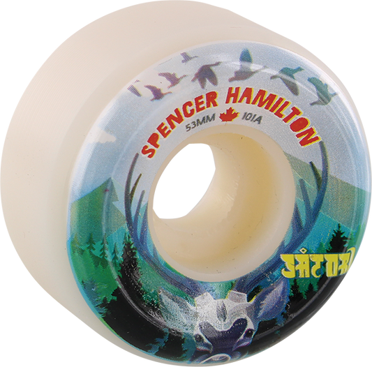 Skateboard wheel with 'Spencer Hamilton' branding and nature-themed design
