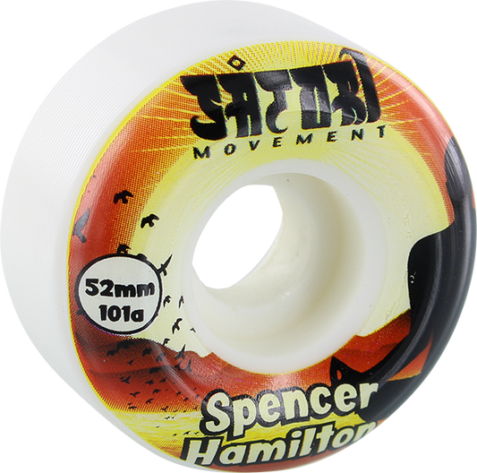 Skateboard wheel with 'Satori' branding and 'Spencer Hamilton' text on a white background