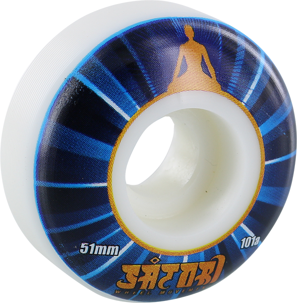 Skateboard wheel with blue and white design on a white background