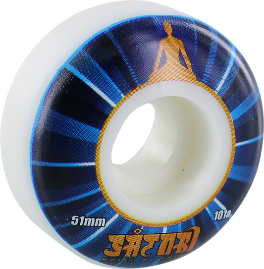 Skateboard wheel with blue and white design on a white background