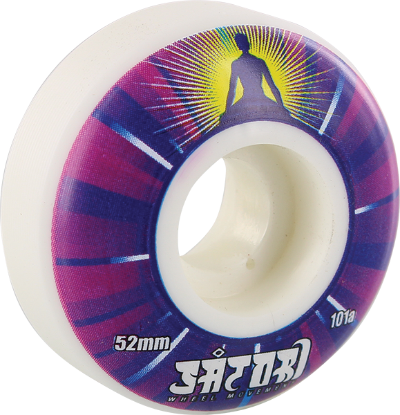 Skateboard wheel with colorful design and brand logo on a white background